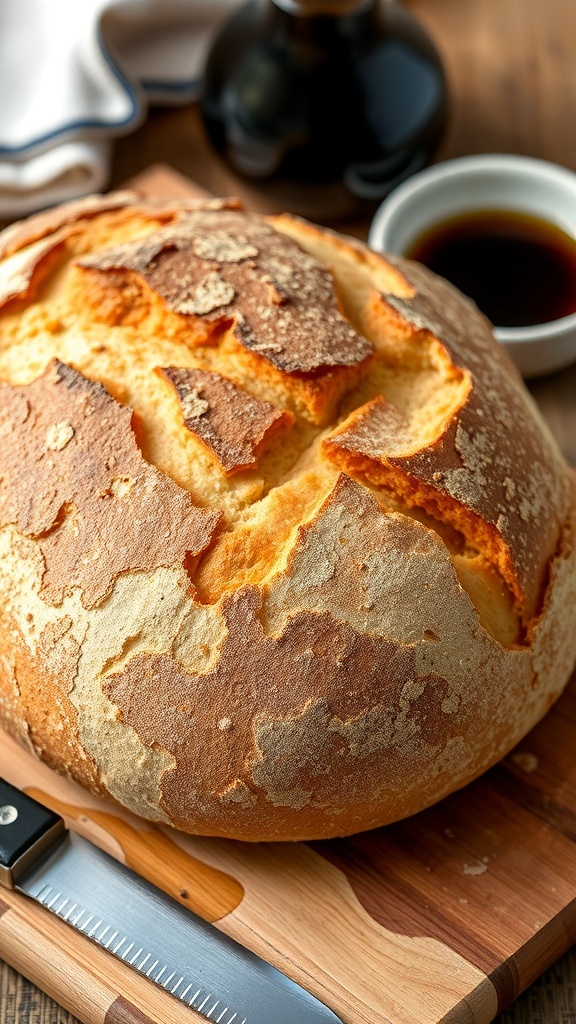 Artisan Bread Recipe A golden-brown artisan bread loaf on a wooden board with a knife and dipping oil.